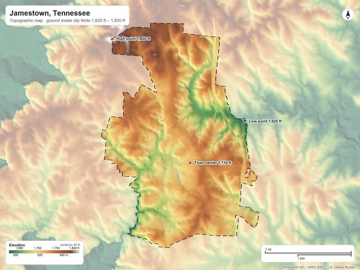 Topographic elevation map of Jamestown, Tennessee, shaded from 1,620 ft on the northeast side to 1,820 ft on the northwest side