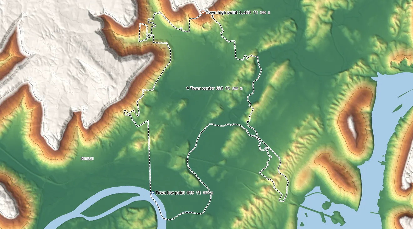 Topographic elevation map of Jasper, Tennessee, shaded from 600 ft on the south side to 1,400 ft on the north edge, below higher ground just outside