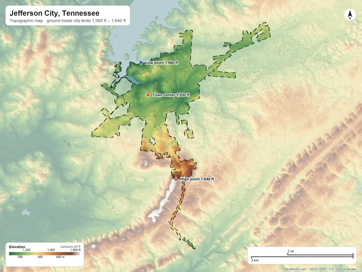 Topographic elevation map of Jefferson City, Tennessee, shaded from 1,060 ft on the north side to 1,640 ft on the south side