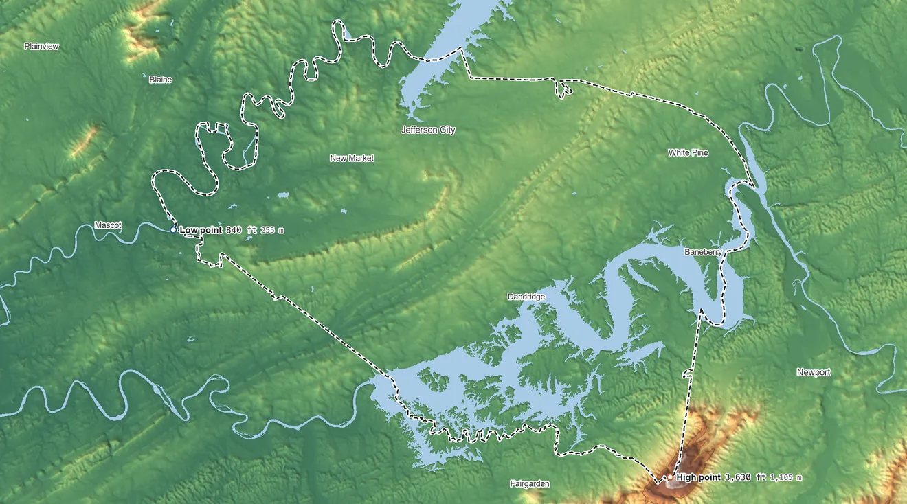 Topographic elevation map of Jefferson County, Tennessee, shaded from 840 ft on the west side to 3,630 ft on English Mountain