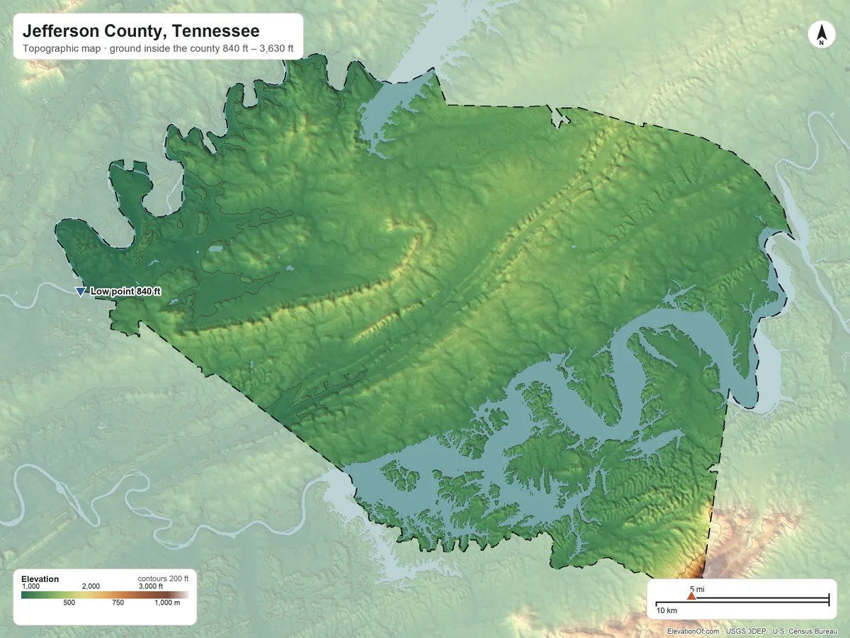 Topographic elevation map of Jefferson County, Tennessee, shaded from 840 ft on the west side to 3,630 ft on English Mountain