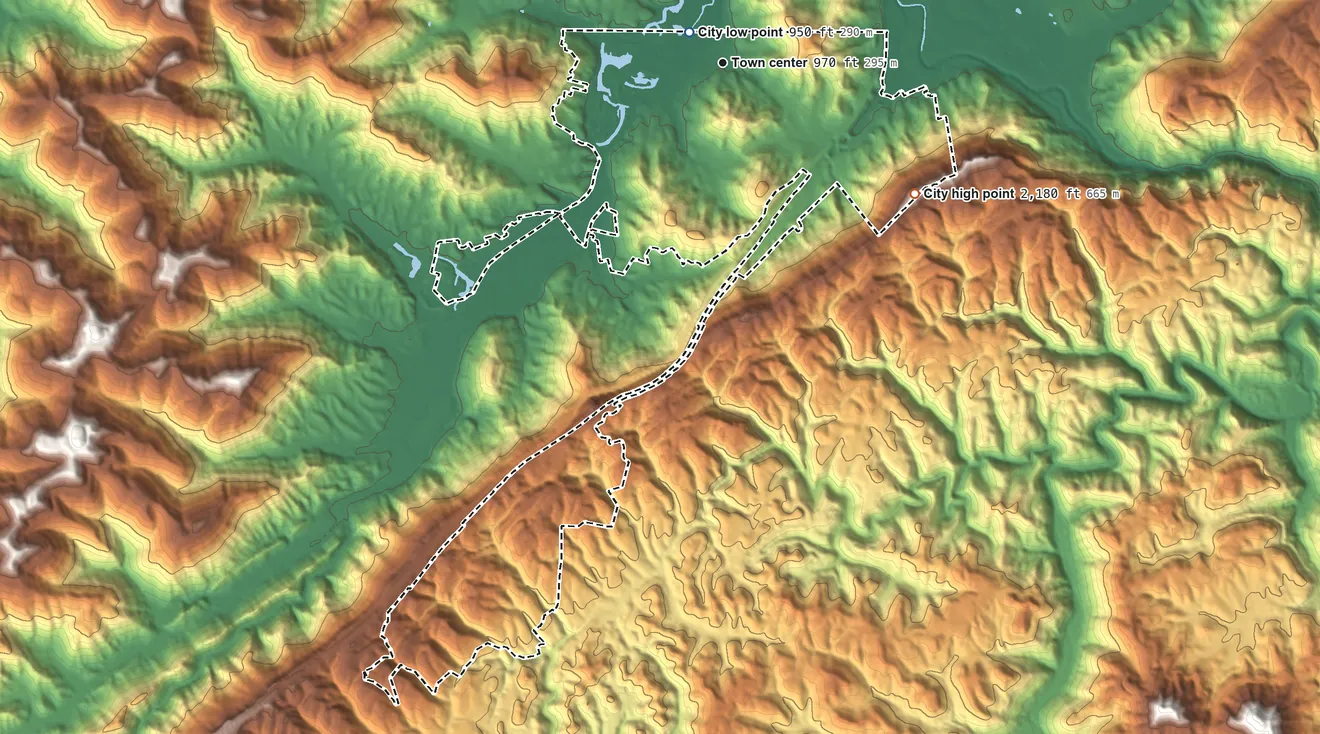 Topographic elevation map of Jellico, Tennessee, shaded from 950 ft near the middle to 2,180 ft on the southeast side