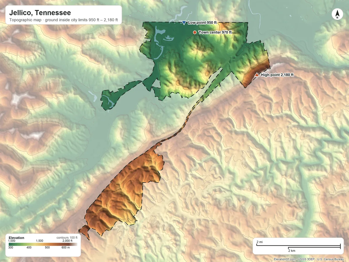 Topographic elevation map of Jellico, Tennessee, shaded from 950 ft near the middle to 2,180 ft on the southeast side
