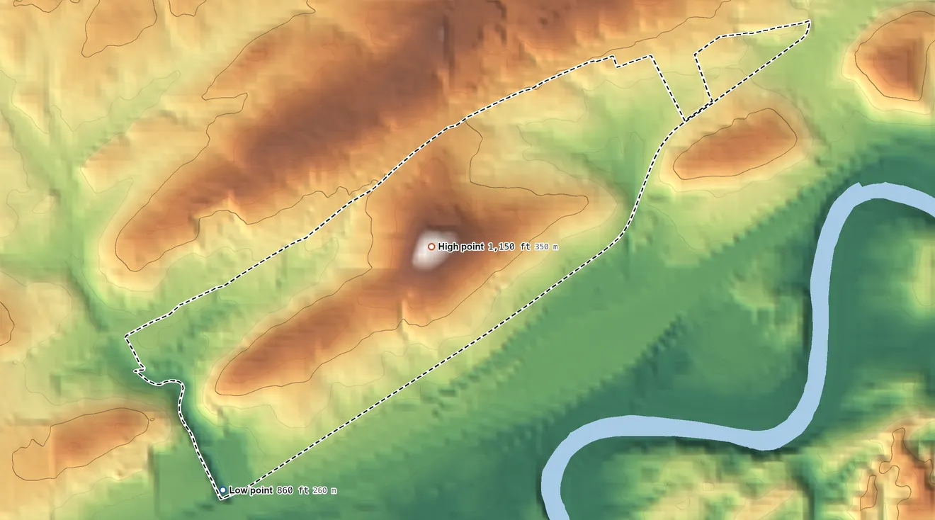 Topographic elevation map of John Sevier, Tennessee, shaded from 860 ft on the southwest side to 1,150 ft at the foot of the Bays Mountain
