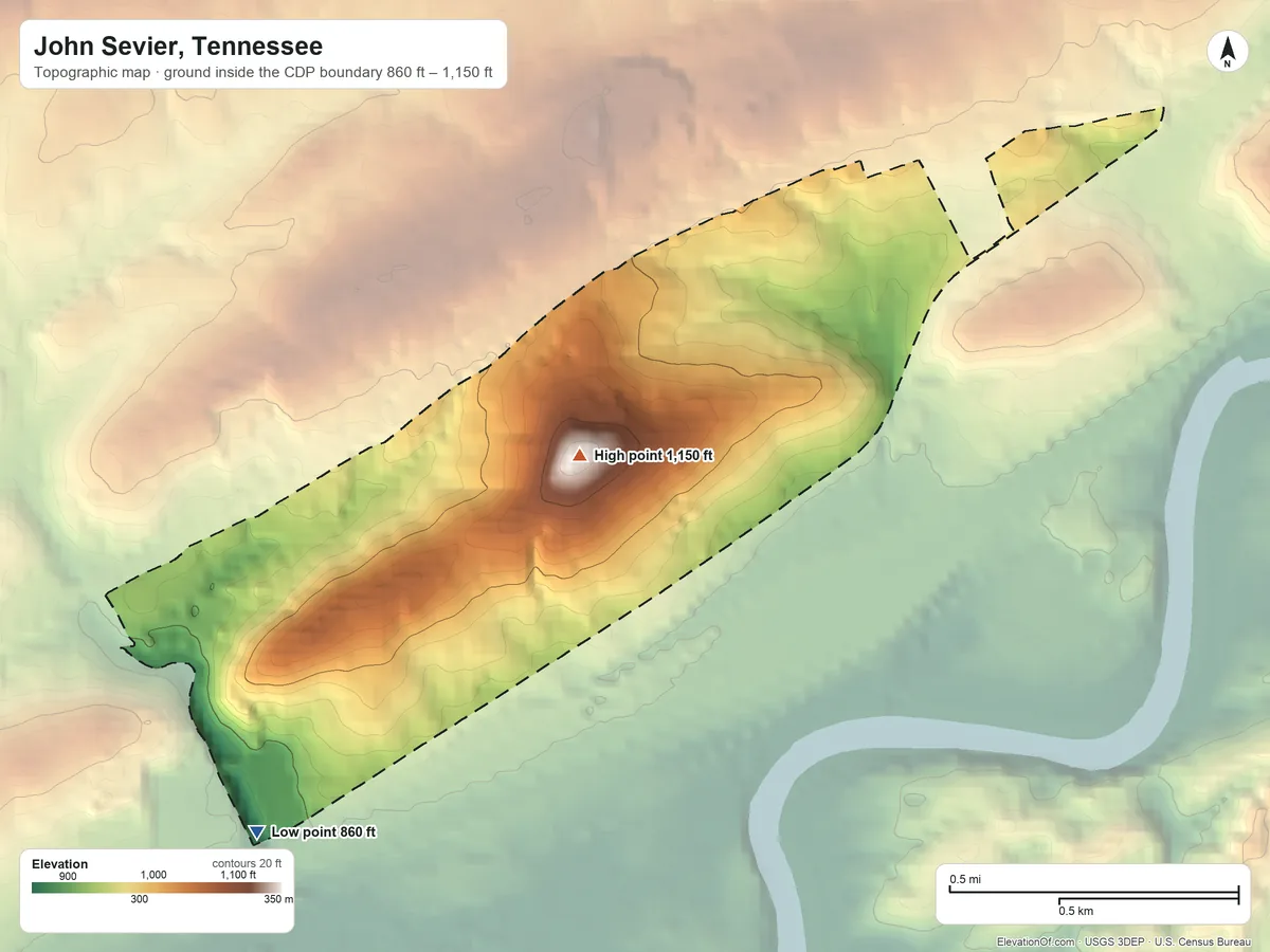 Topographic elevation map of John Sevier, Tennessee, shaded from 860 ft on the southwest side to 1,150 ft at the foot of the Bays Mountain