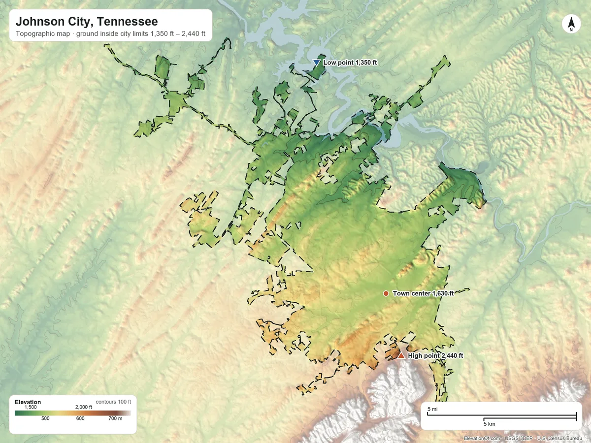 Topographic elevation map of Johnson City, Tennessee, shaded from 1,350 ft on the north side to 2,440 ft on the south edge, below higher ground just outside