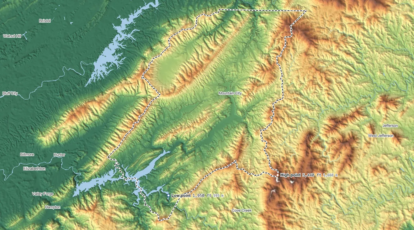 Topographic elevation map of Johnson County, Tennessee, shaded from 1,950 ft on the southwest side to 5,440 ft on the southeast side