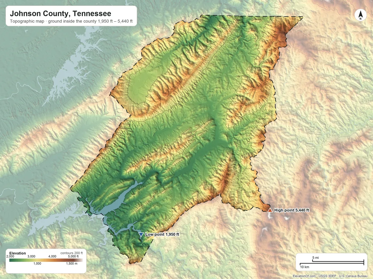 Topographic elevation map of Johnson County, Tennessee, shaded from 1,950 ft on the southwest side to 5,440 ft on the southeast side