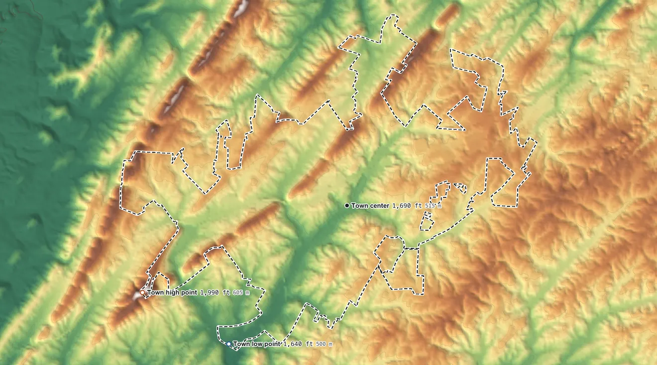 Topographic elevation map of Jonesborough, Tennessee, shaded from 1,640 ft on the southwest side to 1,990 ft on the southwest side
