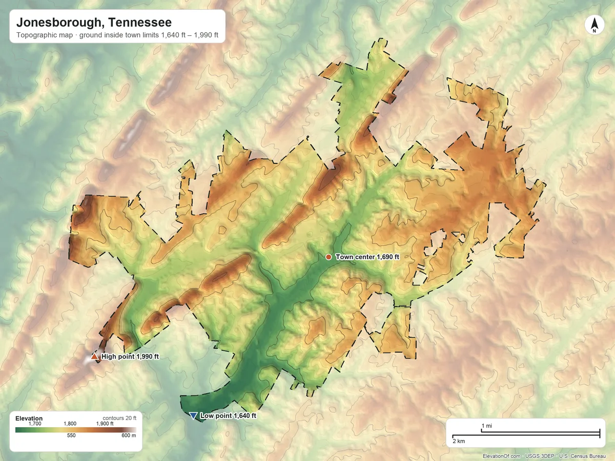Topographic elevation map of Jonesborough, Tennessee, shaded from 1,640 ft on the southwest side to 1,990 ft on the southwest side