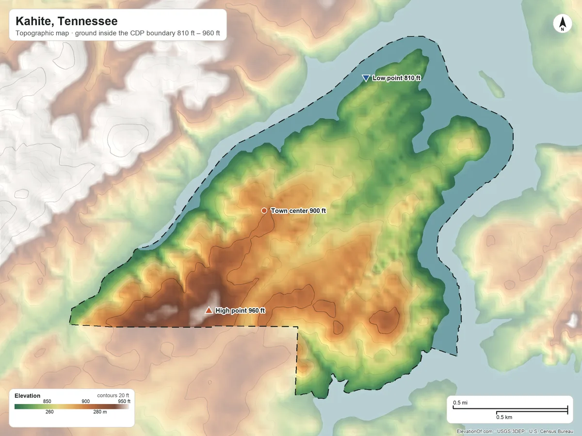Topographic elevation map of Kahite, Tennessee, shaded from 810 ft on the northeast side to 960 ft on the southwest side