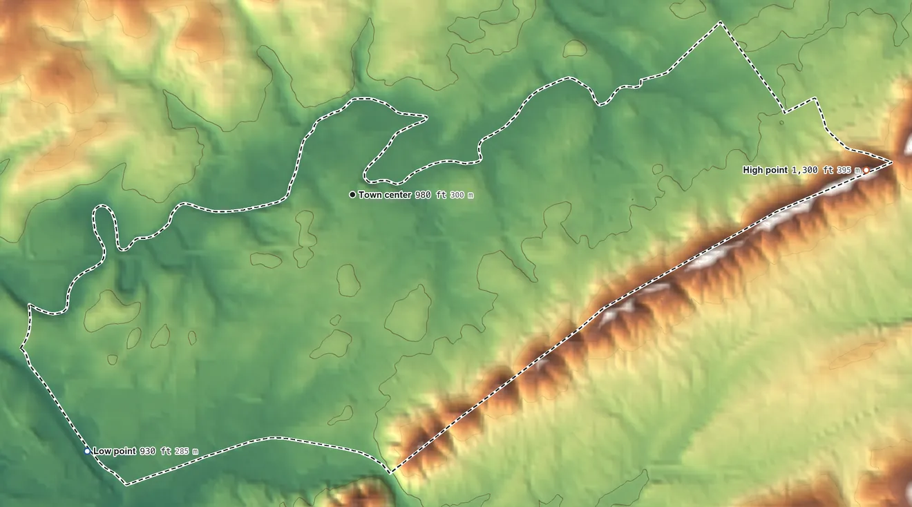Topographic elevation map of Karns, Tennessee, shaded from 930 ft on the southwest side to 1,300 ft on the east side
