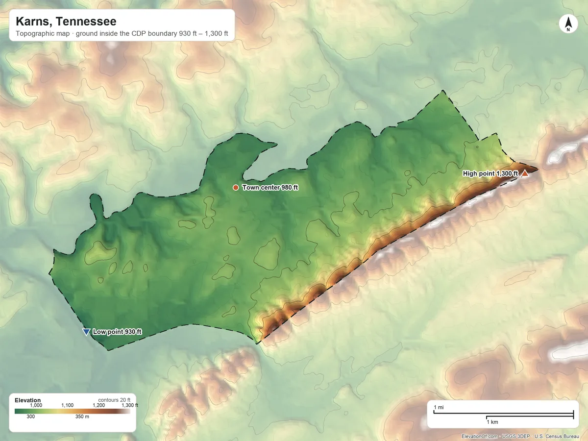 Topographic elevation map of Karns, Tennessee, shaded from 930 ft on the southwest side to 1,300 ft on the east side