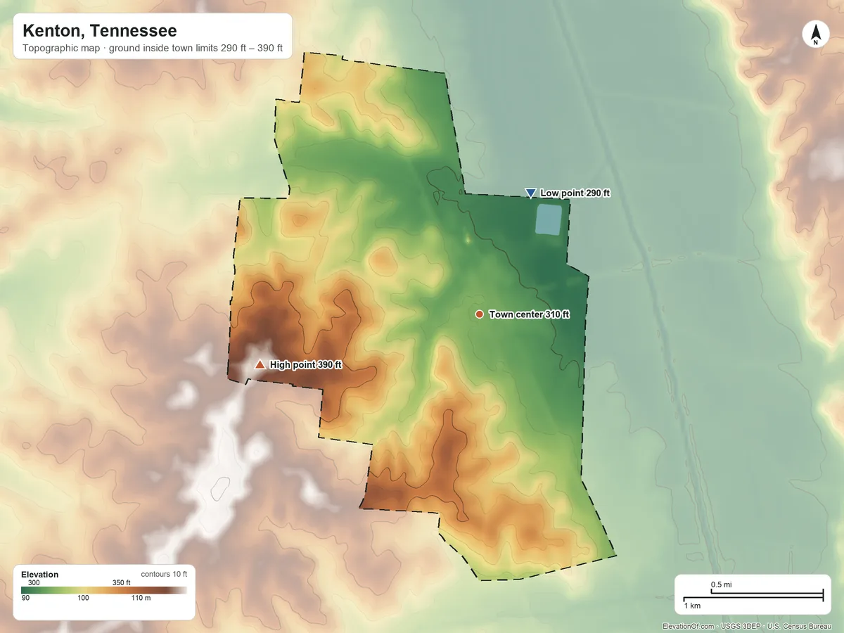 Topographic elevation map of Kenton, Tennessee, shaded from 290 ft on the northeast side to 390 ft on the west side