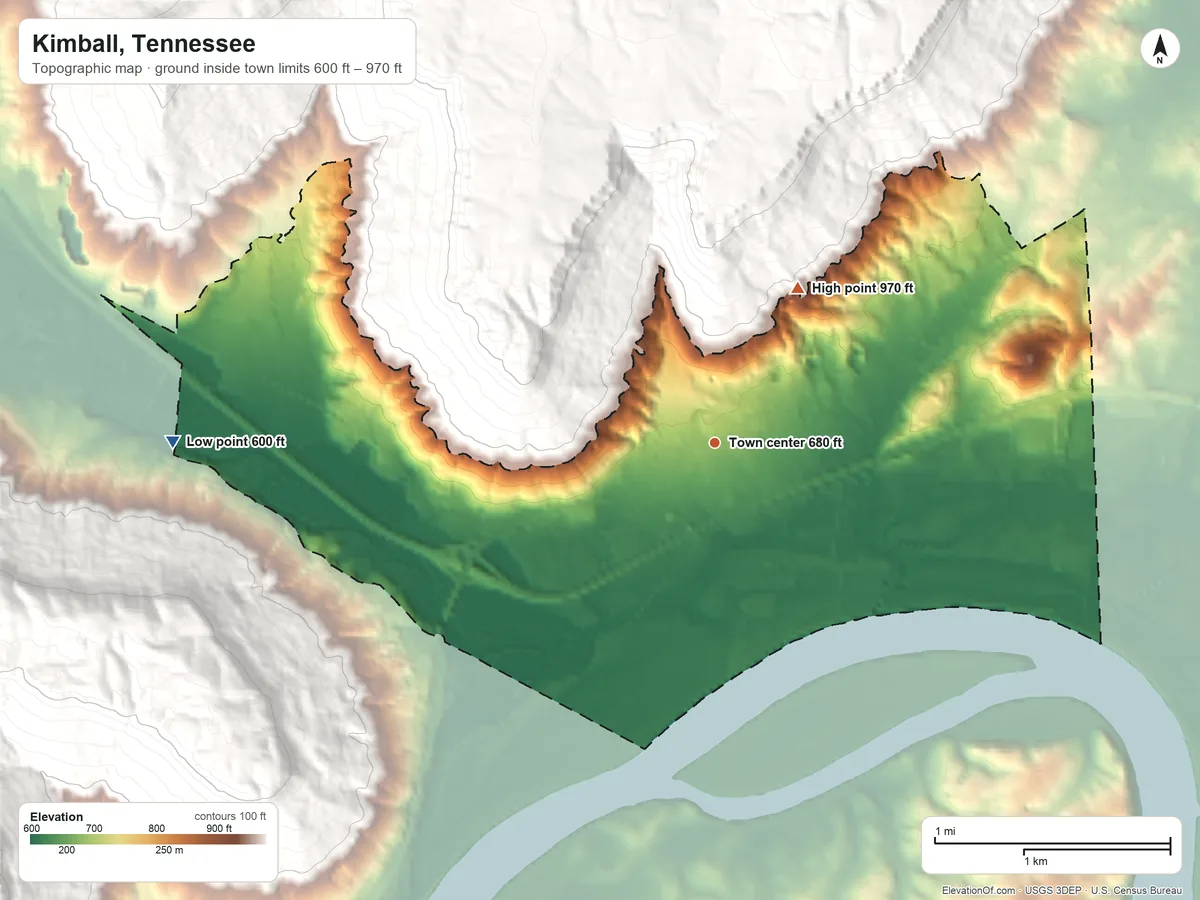Topographic elevation map of Kimball, Tennessee, shaded from 600 ft on the west side to 970 ft on the northeast edge, below higher ground just outside