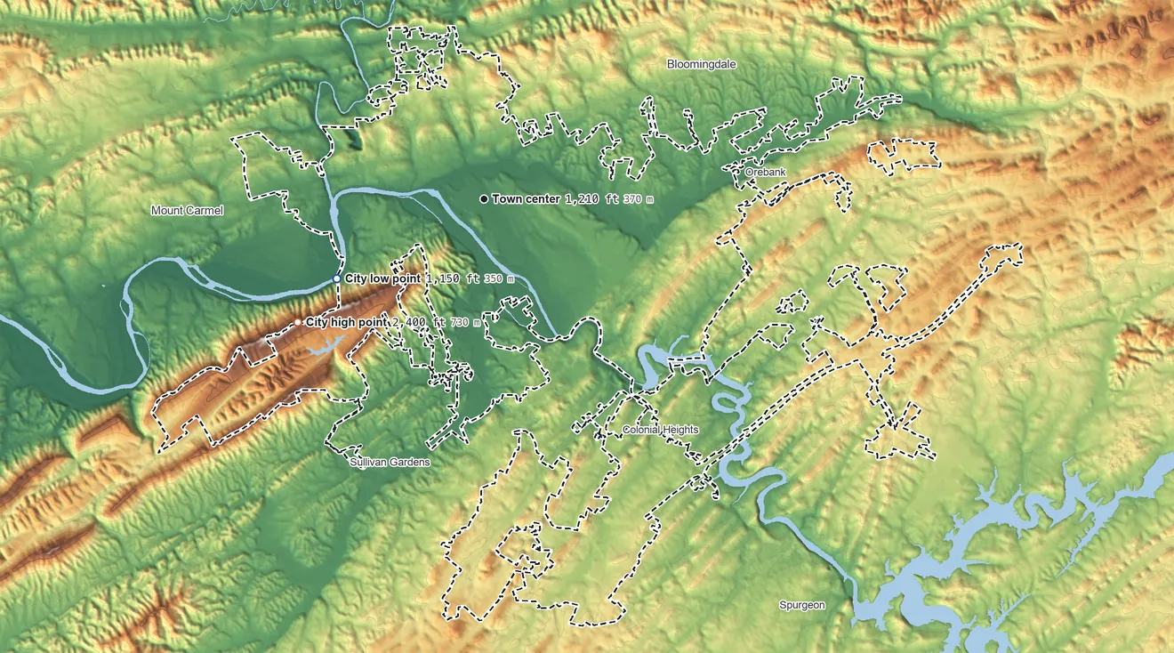 Topographic elevation map of Kingsport, Tennessee, shaded from 1,150 ft on the southwest side to 2,400 ft on the southwest edge, below higher ground just outside