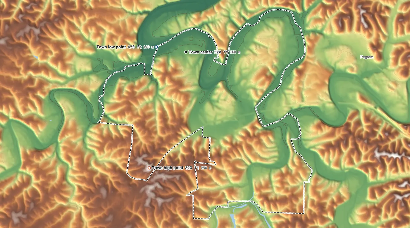 Topographic elevation map of Kingston Springs, Tennessee, shaded from 470 ft on the west side to 820 ft on the south side