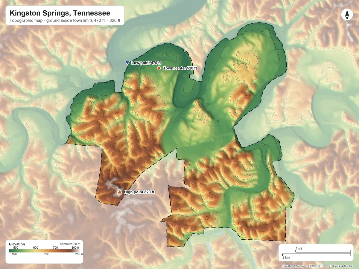 Topographic elevation map of Kingston Springs, Tennessee, shaded from 470 ft on the west side to 820 ft on the south side