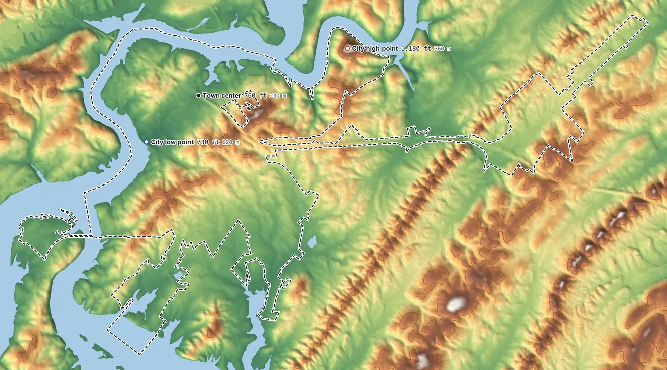 Topographic elevation map of Kingston, Tennessee, shaded from 730 ft near the middle to 1,180 ft on the east side