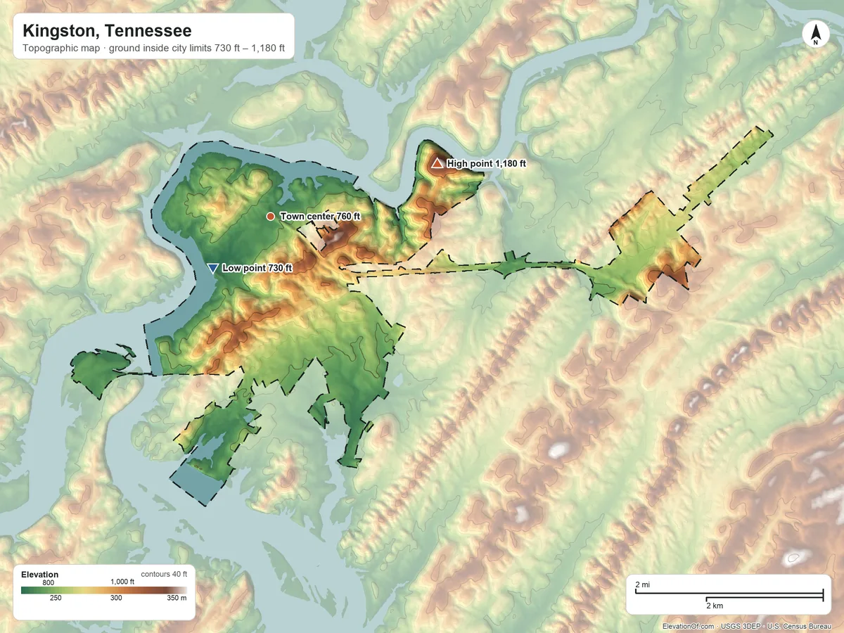 Topographic elevation map of Kingston, Tennessee, shaded from 730 ft near the middle to 1,180 ft on the east side