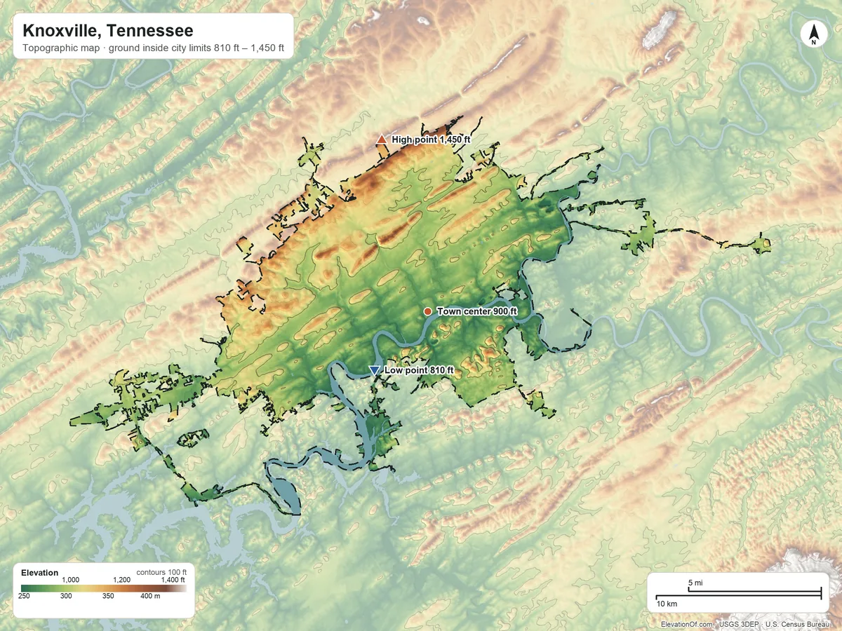 Topographic elevation map of Knoxville, Tennessee, shaded from 810 ft near the middle to 1,450 ft on the north side