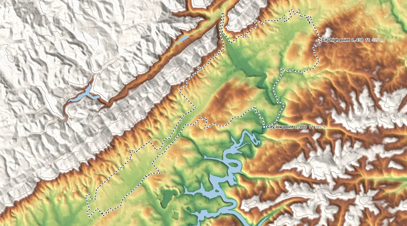 Topographic elevation map of La Follette, Tennessee, shaded from 1,000 ft on the southeast side to 1,430 ft on the northeast edge, below higher ground just outside