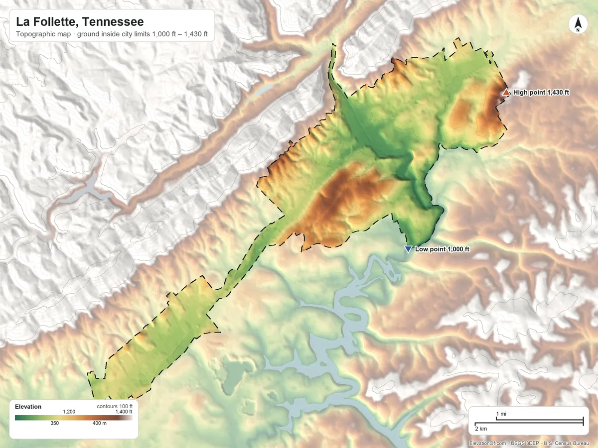 Topographic elevation map of La Follette, Tennessee, shaded from 1,000 ft on the southeast side to 1,430 ft on the northeast edge, below higher ground just outside