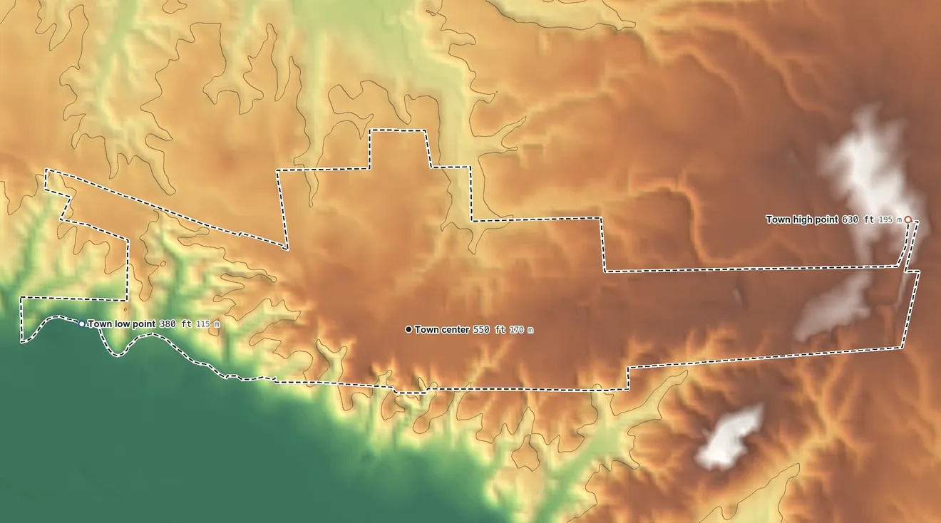 Topographic elevation map of La Grange, Tennessee, shaded from 380 ft on the west side to 630 ft on the east side