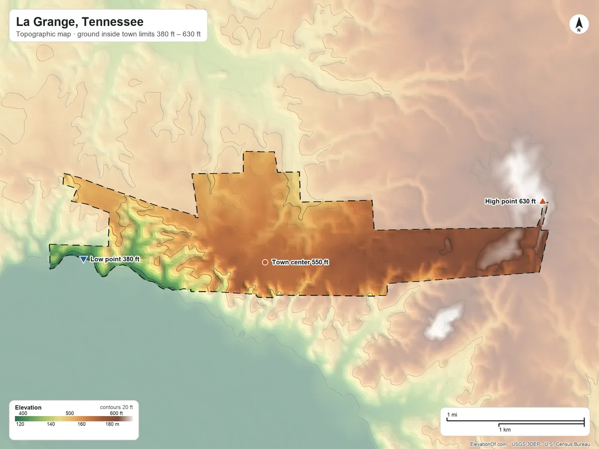 Topographic elevation map of La Grange, Tennessee, shaded from 380 ft on the west side to 630 ft on the east side