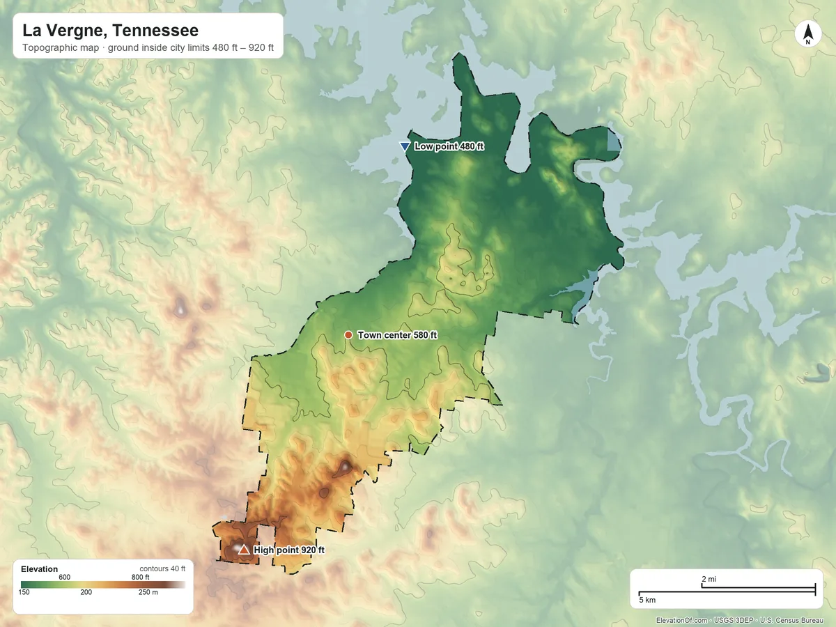 Topographic elevation map of La Vergne, Tennessee, shaded from 480 ft on the north side to 920 ft on the southwest side