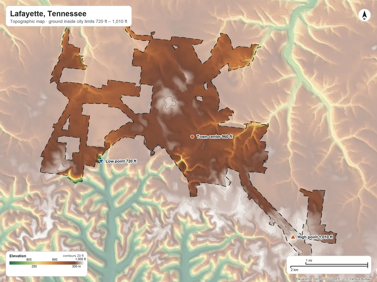 Topographic elevation map of Lafayette, Tennessee, shaded from 720 ft on the west side to 1,010 ft on the southeast side