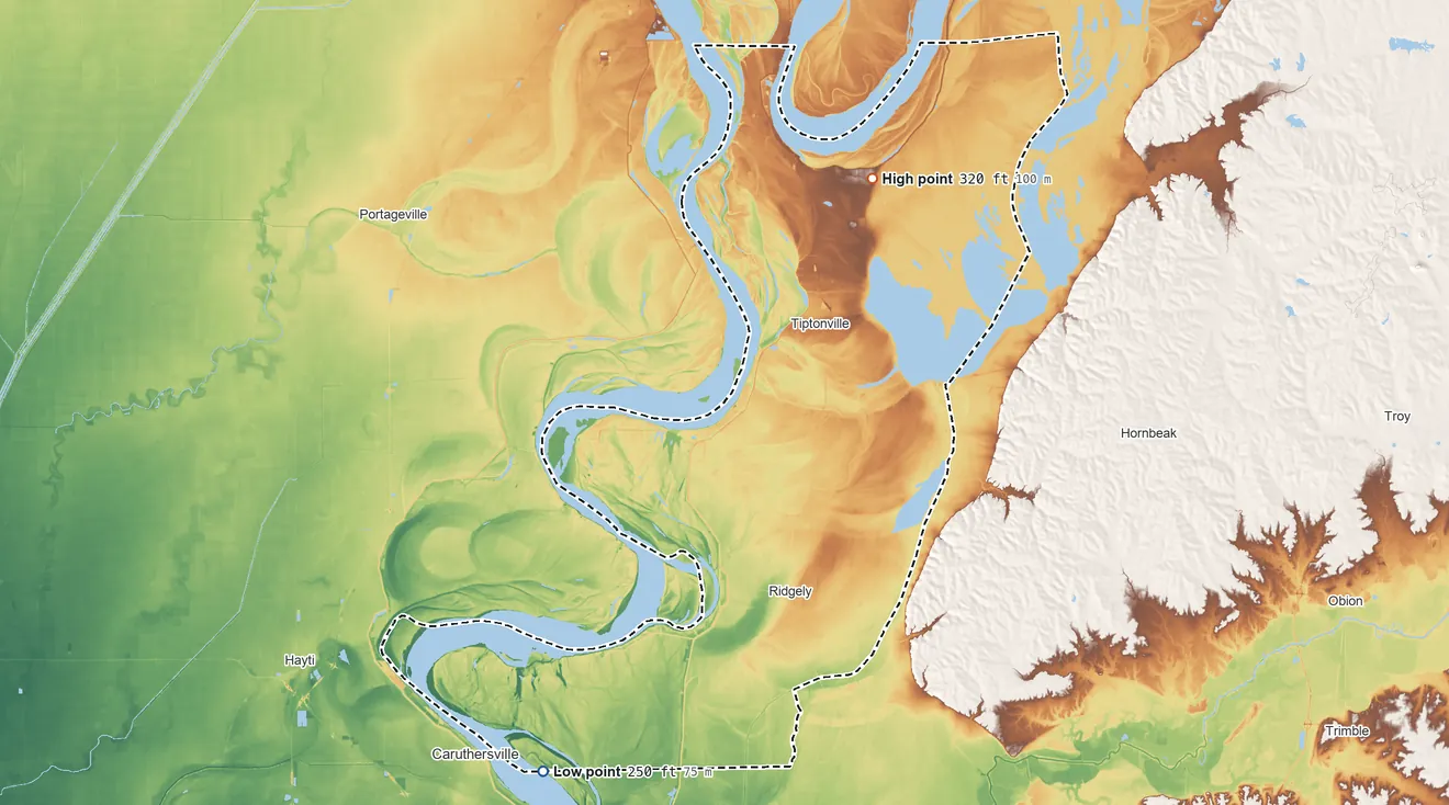 Topographic elevation map of Lake County, Tennessee, shaded from 250 ft on the southwest side to 320 ft on the northeast side