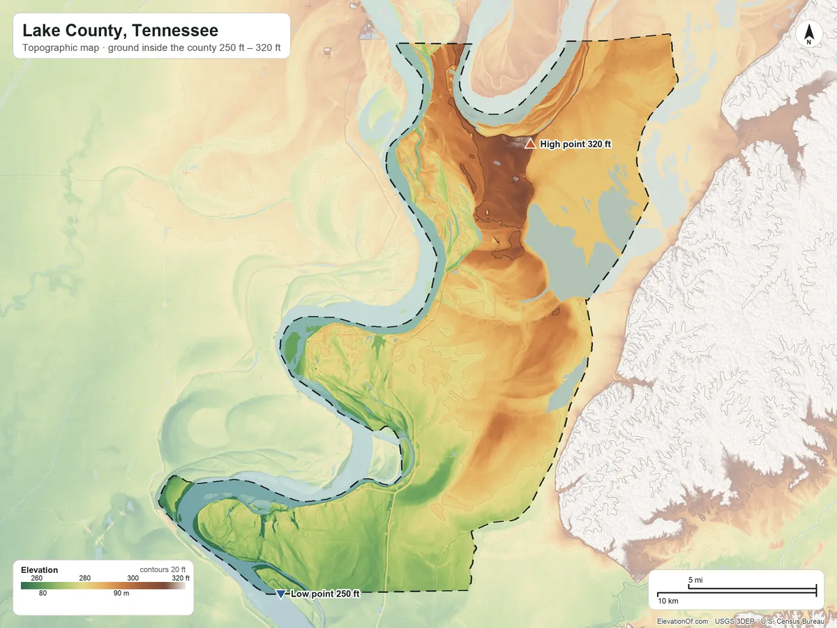 Topographic elevation map of Lake County, Tennessee, shaded from 250 ft on the southwest side to 320 ft on the northeast side