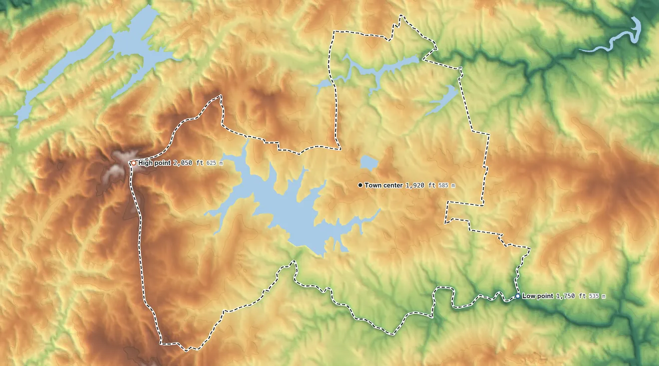 Topographic elevation map of Lake Tansi, Tennessee, shaded from 1,750 ft on the southeast side to 2,050 ft on the west side