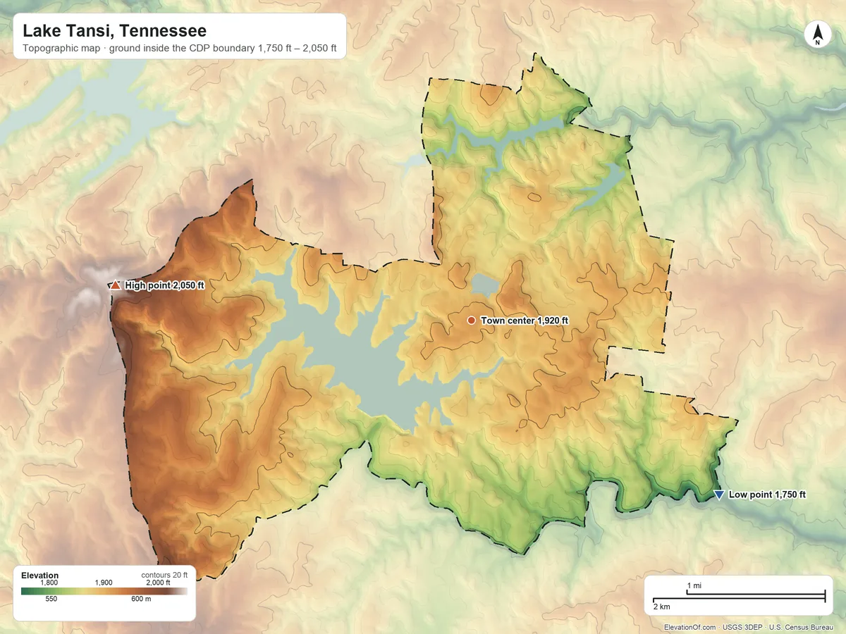 Topographic elevation map of Lake Tansi, Tennessee, shaded from 1,750 ft on the southeast side to 2,050 ft on the west side
