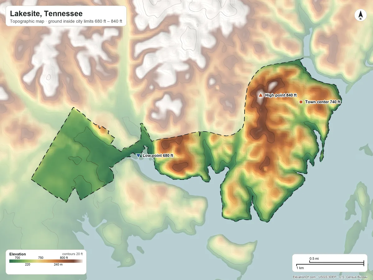 Topographic elevation map of Lakesite, Tennessee, shaded from 680 ft on the west side to 840 ft on the west side