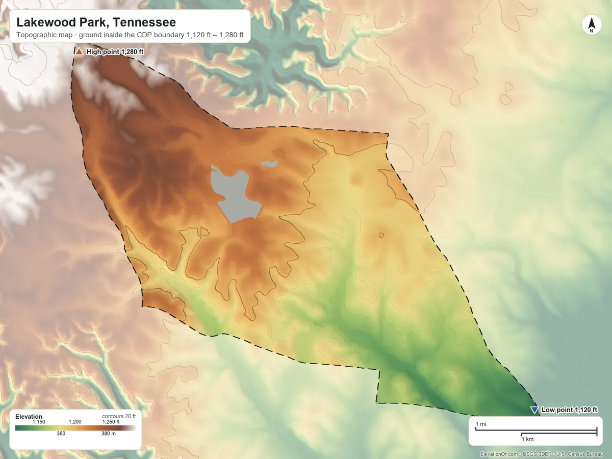 Topographic elevation map of Lakewood Park, Tennessee, shaded from 1,120 ft on the southeast side to 1,280 ft on the northwest side