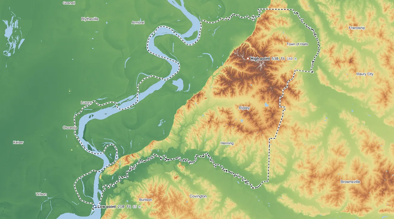 Topographic elevation map of Lauderdale County, Tennessee, shaded from 210 ft on the southwest side to 530 ft on the northeast side