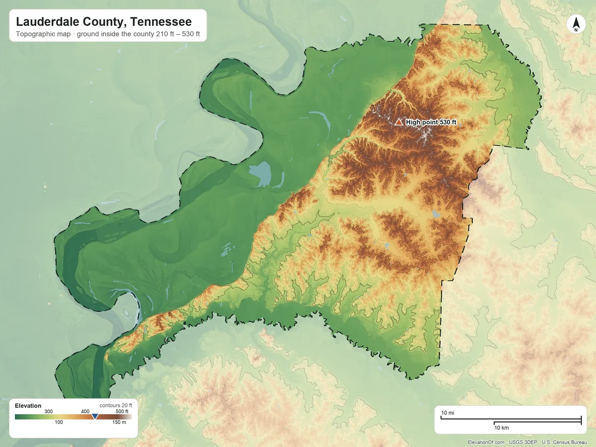 Topographic elevation map of Lauderdale County, Tennessee, shaded from 210 ft on the southwest side to 530 ft on the northeast side