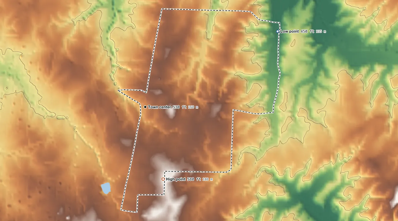 Topographic elevation map of Lavinia, Tennessee, shaded from 450 ft on the northeast side to 580 ft on the south side