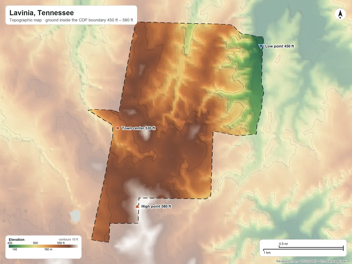 Topographic elevation map of Lavinia, Tennessee, shaded from 450 ft on the northeast side to 580 ft on the south side
