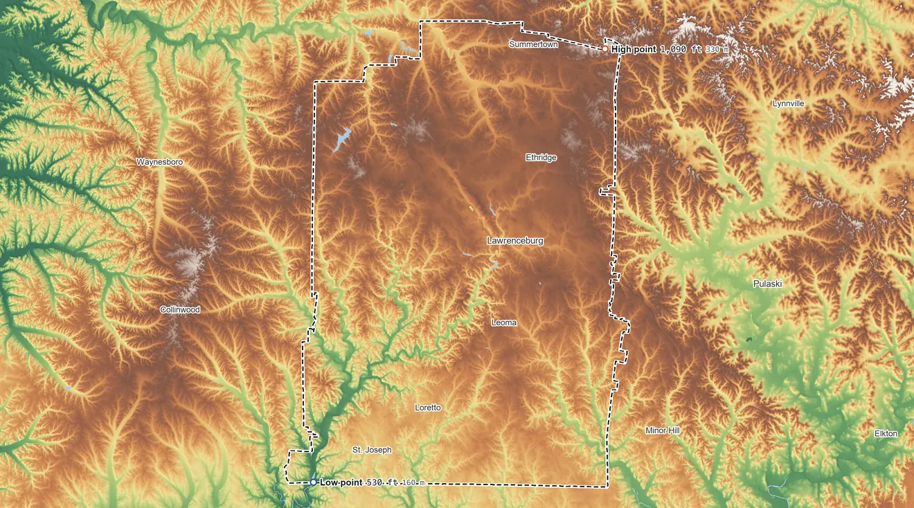 Topographic elevation map of Lawrence County, Tennessee, shaded from 530 ft on the southwest side to 1,090 ft on the northeast side