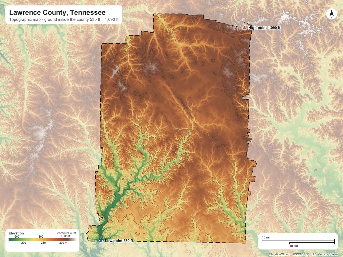 Topographic elevation map of Lawrence County, Tennessee, shaded from 530 ft on the southwest side to 1,090 ft on the northeast side