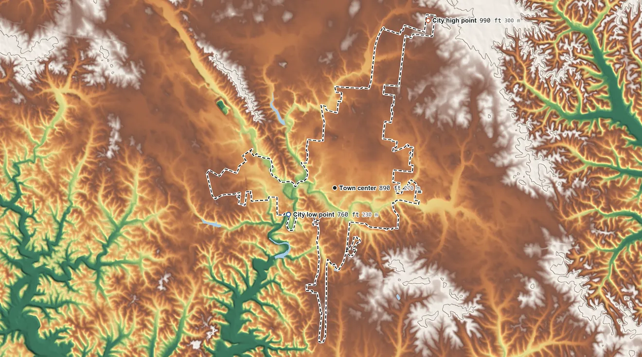 Topographic elevation map of Lawrenceburg, Tennessee, shaded from 760 ft on the southwest side to 990 ft on the northeast side