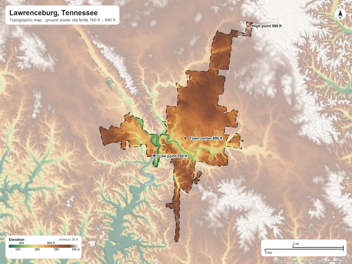 Topographic elevation map of Lawrenceburg, Tennessee, shaded from 760 ft on the southwest side to 990 ft on the northeast side