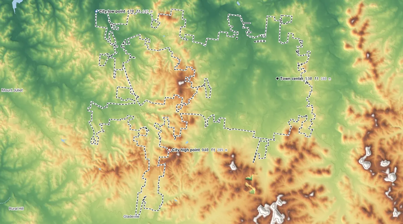 Topographic elevation map of Lebanon, Tennessee, shaded from 470 ft on the west side to 940 ft on Big Hill