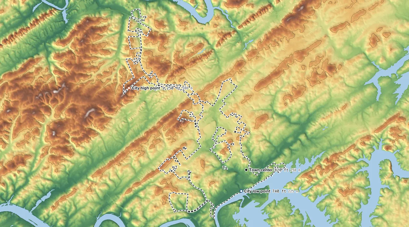 Topographic elevation map of Lenoir City, Tennessee, shaded from 740 ft near the middle to 1,250 ft on the northwest side