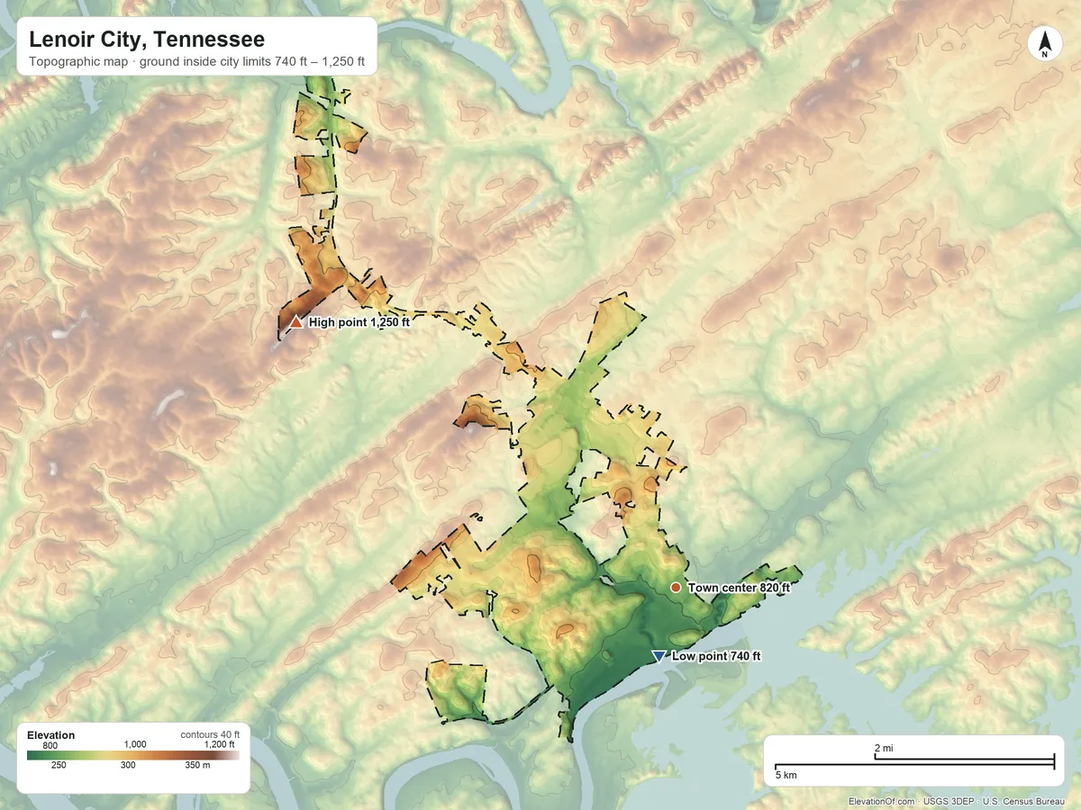 Topographic elevation map of Lenoir City, Tennessee, shaded from 740 ft near the middle to 1,250 ft on the northwest side
