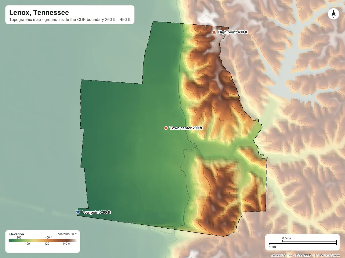 Topographic elevation map of Lenox, Tennessee, shaded from 260 ft on the southwest side to 490 ft on the northeast side