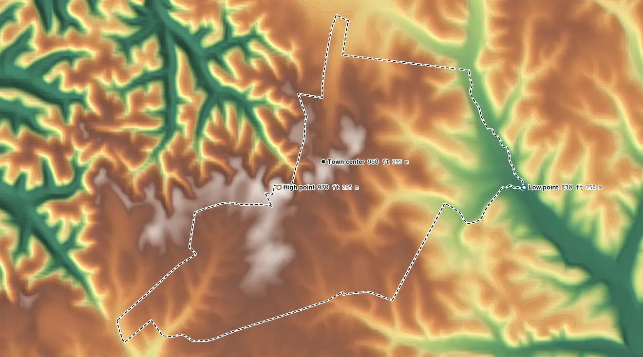 Topographic elevation map of Leoma, Tennessee, shaded from 830 ft on the east side to 970 ft near the middle